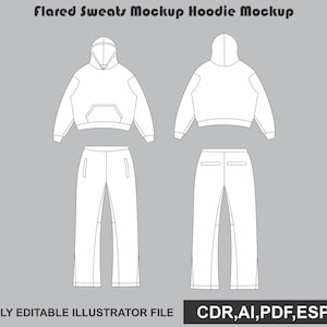 Flared Sweats Suit Vector Mockup Streetwear Tech Pack Template Hoodie Flat Sketch Procreate Illustrator