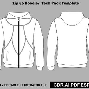Può includere: Un disegno al tratto in bianco e nero di una felpa con cappuccio e zip che mostra le viste anteriore e posteriore. Il testo in alto recita Zip up Hoodies Tech Pack Template, e il testo in basso recita FULLY EDITABLE ILLUSTRATOR FILE e CDR, AI, PDF, ESP, JPG.