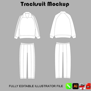Op de afbeelding: Een witte trainingspak mockup op een grijze achtergrond. Het trainingspak bestaat uit een top met kraag en bijpassende broek. De tekst "Tracksuit Mockup" staat bovenaan en "FULLY EDITABLE ILLUSTRATOR FILE" onderaan, met bestandstype-pictogrammen.