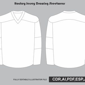 Könnte beinhalten: Eine weiße Eishockeytrikot-Vorlage mit einer Vorderansicht mit V-Ausschnitt und einer Rückansicht. Der Text Hockey Jersey Drawing Streetwear steht oben und der Text FULLY EDITABLE ILLUSTRATOR FILE CDR,AI,PDF,ESP,JPG steht unten.