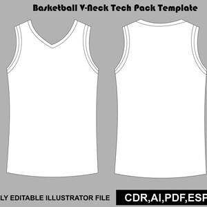 Könnte beinhalten: Eine weiße Basketball-V-Ausschnitt-Tech-Pack-Vorlage, die Vorder- und Rückansichten eines ärmellosen Trikots zeigt. Der Text lautet Basketball V-Neck Tech Pack Template und FULLY EDITABLE ILLUSTRATOR FILE CDR,AI,PDF,ESP,JPG.
