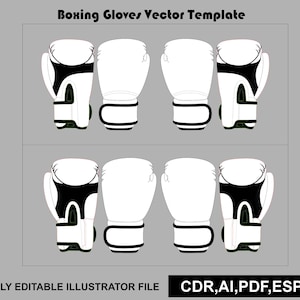 Op de afbeelding: Een vector-sjabloon voor bokshandschoenen met twee rijen illustraties van witte en zwarte bokshandschoenen. De tekst luidt Boxing Gloves Vector Template en FULLY EDITABLE ILLUSTRATOR FILE CDR,AI,PDF,ESP,JPG op een grijze achtergrond.