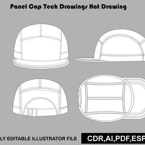 Könnte beinhalten: Eine technische Strichzeichnung einer Fünf-Panel-Kappe mit Vorder-, Seiten-, Rück- und Draufsicht. Der Text lautet Panel Cap Tech Drawings Hat Drawing und FULLY EDITABLE ILLUSTRATOR FILE CDR, AI, PDF, ESP, JPG. Das Design hat einen flachen Schirm.