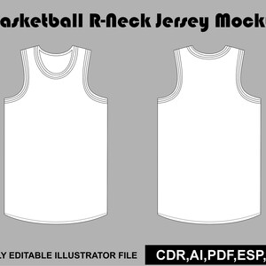 Op de afbeelding: Een wit basketbalshirt met ronde hals als mockup, met een voor- en achteraanzicht met zwarte omlijningen. De tekst Basketball R-Neck Jersey Mockup staat bovenaan en de tekst FULLY EDITABLE ILLUSTRATOR FILE CDR,AI,PDF,ESP,JPG staat onderaan.