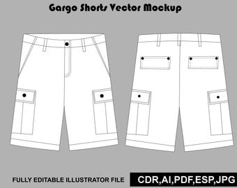 Cargo-Shorts-Vektor-Mockup | Streetwear Tech Pack Vorlage Adobe Illustrator Procreate PNG Flache Skizze