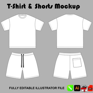 Streetwear Mockup T-Shirt & Sweat Shorts, Editable Illustrator Vector Tech Pack Template