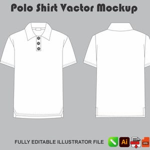 Könnte beinhalten: Ein weißes Polo-Shirt-Vektor-Mockup mit Vorder- und Rückansicht. Die Vorderansicht zeigt einen Kragen, kurze Ärmel und eine Knopfleiste mit drei Knöpfen. Der Text Polo Shirt Vactor Mockup steht oben und Fully Editable Illustrator File unten.
