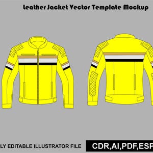 May include: A yellow leather jacket vector template mockup showing front and back views. The design features quilted shoulder and elbow panels, a central zipper, and horizontal stripes in tan, white, and black. Text reads Leather Jacket Vector Template Mockup.