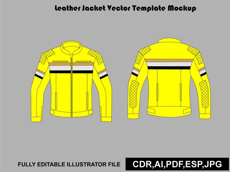 May include: A yellow leather jacket vector template mockup showing front and back views. The design features quilted shoulder and elbow panels, a central zipper, and horizontal stripes in tan, white, and black. Text reads Leather Jacket Vector Template Mockup.