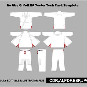 Może przedstawiać: Biały szablon wektorowy Jiu Jitsu Gi tech pack zawierający widoki z przodu i z tyłu kurtki oraz spodni z czerwonymi akcentami. Tekst brzmi Jiu Jitsu Gi Full Kit Vector Tech Pack Template oraz FULLY EDITABLE ILLUSTRATOR FILE CDR,AI,PDF,ESP,JPG.