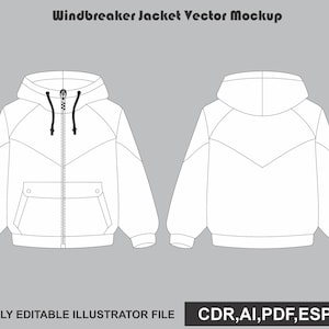 Peut inclure: Un modèle vectoriel en noir et blanc d'un coupe-vent montrant les vues avant et arrière. La veste comprend une capuche, une fermeture éclair frontale intégrale avec cordons de serrage et une poche avant. Le texte indique Windbreaker Jacket Vector Mockup.