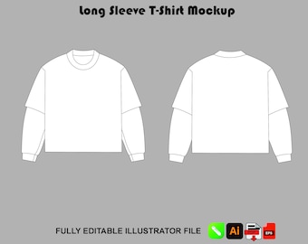 Streetwear Langarm-T-Shirt Vektor-Mockup Doppelschicht Tech Pack Vorlage (AI, PNG)
