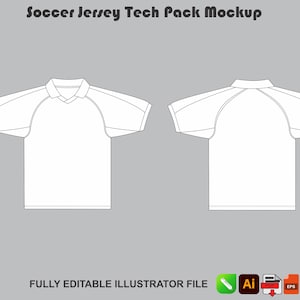 Può includere: Un mockup di maglia da calcio bianca che mostra le viste anteriore e posteriore di una maglia a maniche corte con colletto e maniche raglan. Il testo Soccer Jersey Tech Pack Mockup e FULLY EDITABLE ILLUSTRATOR FILE sono visibili.