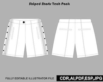 Gestreifte Shorts Tech Pack Streetwear Vektor-Shorts-Vorlage AI PNG Procreate Sketch Digitaler Download