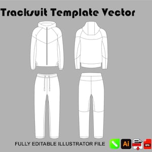 Peut inclure: Illustration vectorielle d'un modèle de survêtement blanc. Le design comprend une veste à capuche avec une fermeture éclair et un pantalon assorti avec un cordon de serrage. Le texte "Tracksuit Template Vector" est en haut.