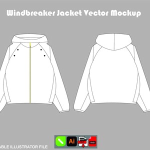 Könnte beinhalten: Vektor-Mockup einer weißen Windjacke, von vorne und hinten dargestellt. Die Vorderansicht zeigt einen Reißverschluss und drei Knöpfe auf jeder Seite. Der Text "Windbreaker Jacket Vector Mockup" befindet sich oben.