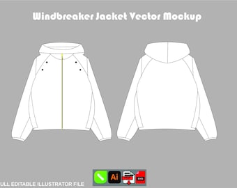 Windjacke Jacke Vektor Mockup Mit Kapuze Voller Reißverschluss Druckknopf Raglan Ärmel Flache Skizze Illustrator