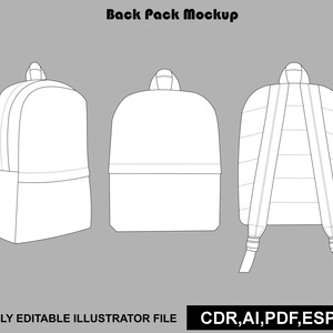 Puede incluir: Un diseño de mochila en blanco y negro que muestra tres vistas: lateral, frontal y trasera con correas. El texto en la parte superior dice Back Pack Mockup, y el texto inferior dice FULLY EDITABLE ILLUSTRATOR FILE CDR,AI,PDF,ESP,JPG.