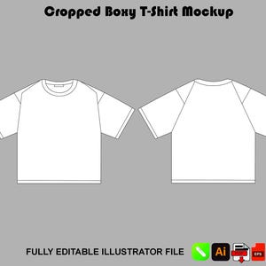 May include: A white cropped boxy t-shirt mockup, front and back views, on a gray background. The text "Cropped Boxy T-Shirt Mockup" is at the top. Below, the text reads "FULLY EDITABLE ILLUSTRATOR FILE" with icons for different file types.