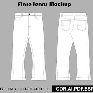 Puede incluir: Un dibujo de líneas en blanco y negro de pantalones vaqueros acampanados vistos desde el frente y la parte posterior. El texto Flare Jeans Mockup aparece arriba, y el texto FULLY EDITABLE ILLUSTRATOR FILE y CDR, AI, PDF, ESP, JPG abajo.