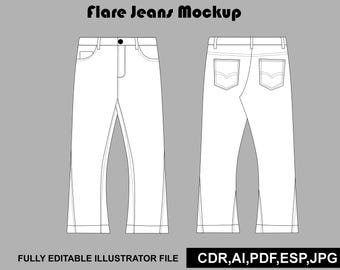 Vektor-Mockup für Schlagjeans | Streetwear-Mode-Tech-Pack (AI/PNG) | Flache Skizze (digitaler Download)