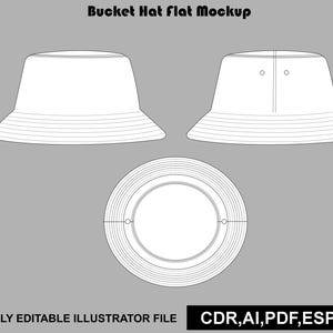 May include: A digital flat mockup of a bucket hat shown from three angles, including front, back, and top views with visible stitching details. The text reads Bucket Hat flat mockup and FULLY EDITABLE ILLUSTRATOR FILE CDR, AI, PDF, ESP, JPG.