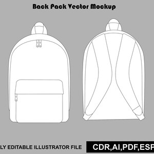 Può includere: Un disegno vettoriale in bianco e nero di uno zaino mostrato con vista frontale e posteriore. Il testo Back Pack Vector Mockup si trova in alto, mentre il testo FULLY EDITABLE ILLUSTRATOR FILE CDR, AI, PDF, ESP, JPG è in basso.