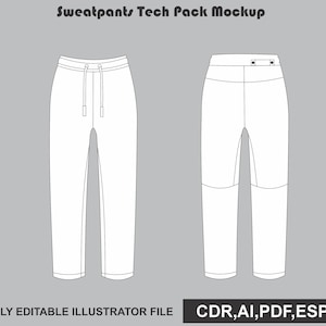 Puede incluir: Un dibujo técnico de pantalones de chándal que muestra una vista frontal con cintura de cordón y una vista posterior con un detalle de botón. El texto 'Sweatpants Tech Pack Mockup', 'FULLY EDITABLE ILLUSTRATOR FILE' y 'CDR,AI,PDF,ESP,JPG' es visible.