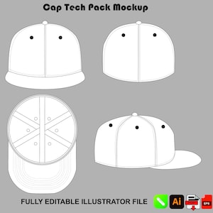 May include: A digital technical drawing of a baseball cap shown from the front, back, side, and top-down views. The white cap features black eyelets on the crown. The text Cap Tech Pack Mockup and FULLY EDITABLE ILLUSTRATOR FILE appear on the image.