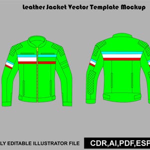 May include: A bright green leather jacket vector template mockup showing front and back views. The design features a central zipper, quilted shoulder panels, and horizontal stripes in light blue, white, and red on the chest and sleeves.