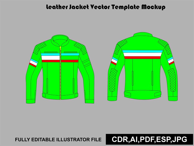 May include: A bright green leather jacket vector template mockup showing front and back views. The design features a central zipper, quilted shoulder panels, and horizontal stripes in light blue, white, and red on the chest and sleeves.
