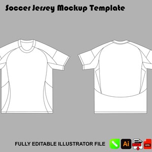 Puede incluir: Una plantilla de maqueta de camiseta de fútbol con vistas frontal y trasera de una camiseta blanca de manga corta con contornos negros. El texto Soccer Jersey Mockup Template aparece arriba y Fully Editable Illustrator File abajo.