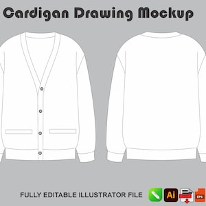 Puede incluir: Un modelo de dibujo de cárdigan blanco que presenta una vista frontal con cuello en V, cuatro botones y dos bolsillos, junto con una vista posterior. El texto Cardigan Drawing Mockup está arriba y Fully Editable Illustrator File abajo.