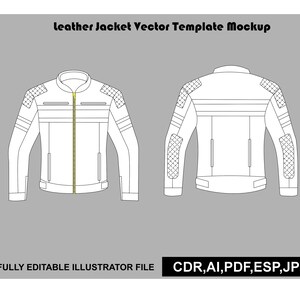 May include: A leather jacket vector template mockup showing front and back views with quilted shoulder and elbow panels, a central yellow zipper, and the text "leather Jacket Vector Template Mockup" and "FULLY EDITABLE ILLUSTRATOR FILE CDR,AI,PDF,ESP,JPG".