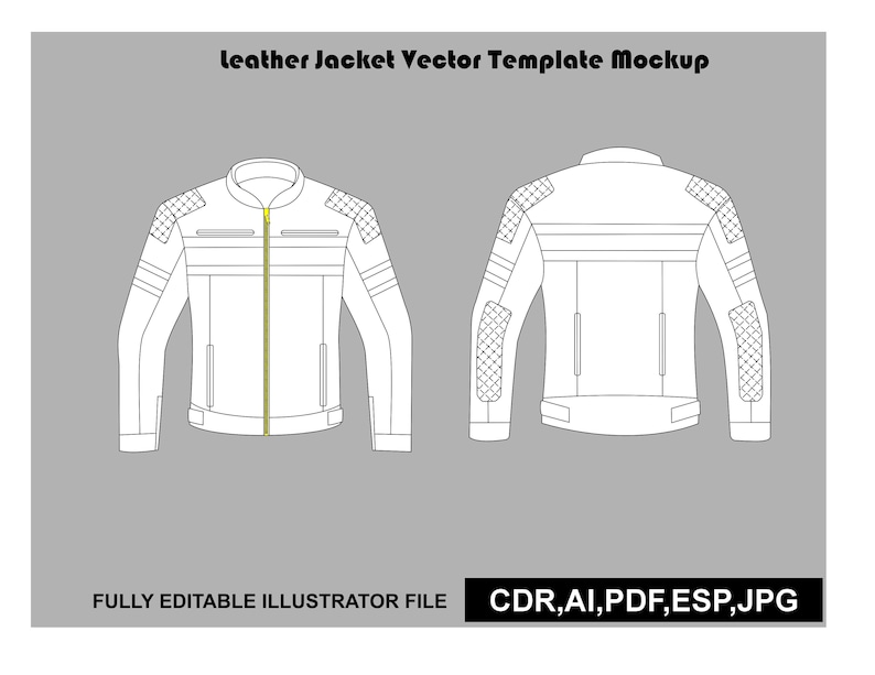 Classic biker leather jacket vector template featuring front and back CAD flat sketches for professional fashion design and garment development. Editable tech pack compatible with Adobe Illustrator AI and EPS vector files. Perfect for leather clothing brands, fashion designers, apparel manufacturers, fashion students, and clothing startups creating production-ready outerwear, custom branding, lookbooks, and instant digital downloads.