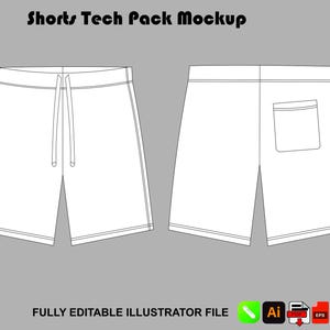 Könnte beinhalten: Eine digitale technische Zeichnung von Shorts mit einer Vorderansicht mit Kordelzug am Bund und einer Rückansicht mit einer aufgesetzten Tasche. Der Text Shorts Tech Pack Mockup und FULLY EDITABLE ILLUSTRATOR FILE erscheint neben Dateiformat-Symbolen.