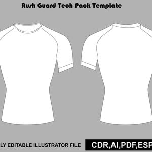 Op de afbeelding: Een wit tech pack sjabloon voor een shirt met korte mouwen, met voor- en achteraanzicht. De tekst luidt Rush Guard Tech Pack Template en Fully Editable Illustrator File met de bestandsformaten CDR, AI, PDF, ESP, JPG eronder.