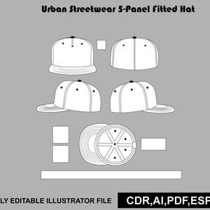 May include: A technical line drawing of an Urban Streetwear 5-Panel Fitted Hat showing front, side, back, and top views. The design includes blank squares and a rectangular box. Text reads: Urban Streetwear 5-Panel Fitted Hat, FULLY EDITABLE ILLUSTRATOR FILE, CDR,AI,PDF,ESP,JPG.