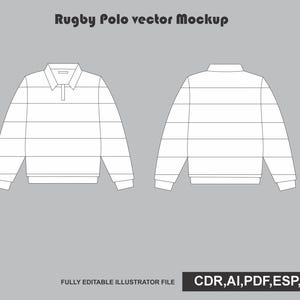Könnte beinhalten: Ein Vektor-Mockup eines Rugby-Poloshirts mit Vorder- und Rückansicht, horizontalen Streifen, Kragen und Knopfleiste. Der Text lautet Rugby Polo vector Mockup und FULLY EDITABLE ILLUSTRATOR FILE CDR,AI,PDF,ESP,JPG.