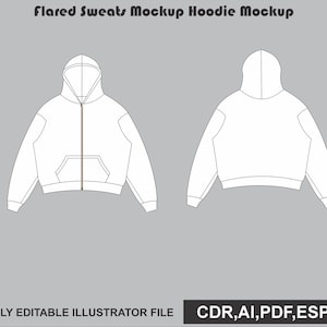 Puede incluir: Una plantilla de diseño de moda digital que muestra una sudadera con capucha blanca con cremallera, capucha, mangas largas y un bolsillo canguro frontal, vista desde el frente y la espalda. El texto Flared Sweats Mockup Hoodie Mockup y CDR,AI,PDF,ESP,JPG es visible.