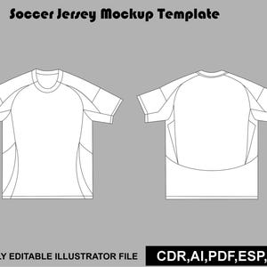 Puede incluir: Una plantilla digital de maqueta de camiseta de fútbol que muestra las vistas frontal y posterior de una camiseta blanca de manga corta con contornos negros. El texto dice Soccer Jersey Mockup Template y FULLY EDITABLE ILLUSTRATOR FILE CDR, AI, PDF, ESP, JPG.