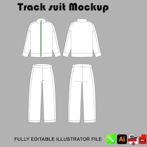 May include: A white track suit mockup with a jacket and pants. The jacket has a green zipper and a high collar. The text "Track suit Mockup" is at the top, and "FULLY EDITABLE ILLUSTRATOR FILE" is at the bottom.