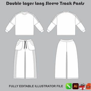 May include: A technical fashion sketch of a double layer long sleeve track suit featuring a crew neck top with layered sleeves and wide-leg track pants with a drawstring waist, side pockets, and vertical stripes. Text reads: Double layer long Sleeve Track Pants.