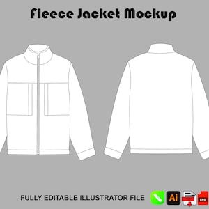 Puede incluir: Un dibujo lineal en blanco y negro de una maqueta de chaqueta polar que muestra las vistas frontal y posterior. El texto "fleece Jacket Mockup" aparece en la parte superior y "FULLY EDITABLE ILLUSTRATOR FILE" en la parte inferior con iconos de formato.