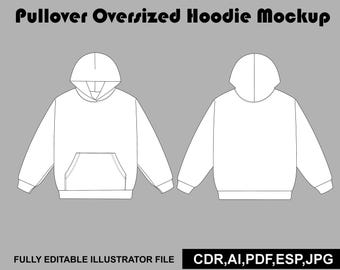 Vektor-Mockup für Oversize-Pullover-Hoodie | Streetwear Tech Pack Template (AI/PNG) | Flache Zeichnung zum Download