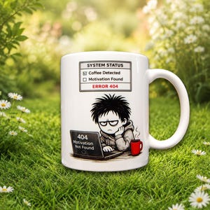 May include: A white ceramic mug featuring a graphic of a tired character at a laptop with the text "404 Motivation Not Found". Above the character, a box labelled "SYSTEM STATUS" shows "Coffee Detected" checked and "ERROR 404" in red text.