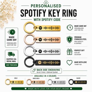 May include: Four rectangular metal key rings in gold, rose gold, silver, and black finishes. Each features a circular ring and a flat bar engraved with a Spotify logo and a unique sound wave code. Text includes Personalised Spotify Key Ring.