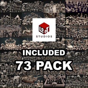 Pode incluir: Uma coleção de figuras em miniatura e peças de terreno impressas em 3D, incluindo edifícios, criaturas e elementos decorativos. A imagem apresenta uma variedade de modelos, com o texto "INCLUDED 73 PACK" e o logotipo "LGT STUDIOS".