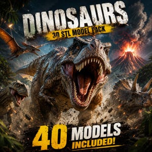Puede incluir: Un gráfico digital con el texto DINOSAURS 3D STL MODEL PACK y 40 MODELS INCLUDED! La imagen muestra un gran Tiranosaurio Rex con la boca abierta, un Pterodáctilo volando y un Triceratops frente a una erupción volcánica de fondo.