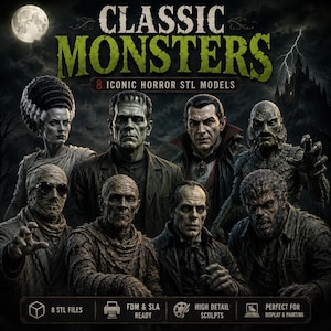 Peut inclure: Un graphique numérique avec le texte CLASSIC MONSTERS 8 ICONIC HORROR STL MODELS. L'image présente huit figurines détaillées, dont une mariée, un monstre, un vampire, une créature des marais, une momie et un loup-garou sur un ciel sombre.